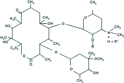 Химическая структура эритромицина основания, его солей и эфиров для приема внутрь