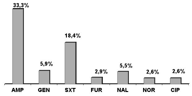 Picture 1. Resistance of E.coli to antibiotics in Russia (1998)