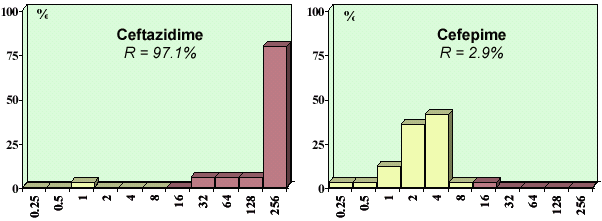 Percent distribution of MICs (mg/L) in 34 clinical strains of Enterobacteriaceae hyperproducing Amp C chromosomal b-lactamases.