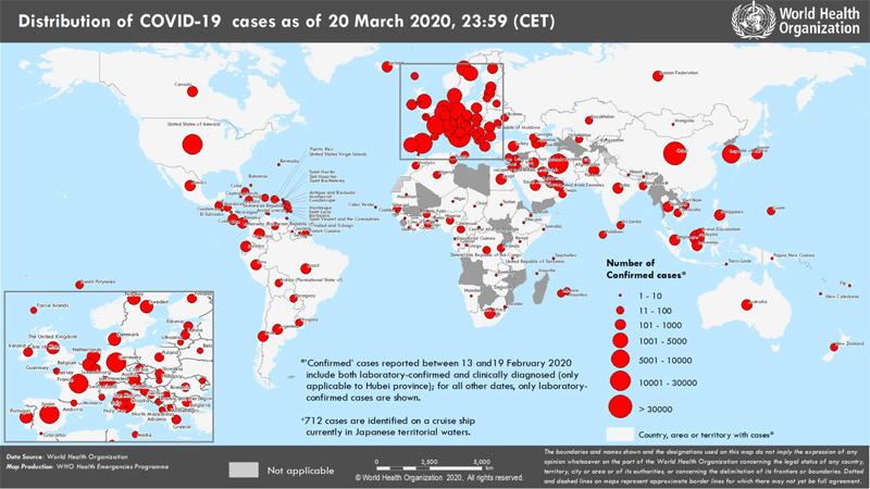 Распространение нового коронавируса Covid-19: страны и территории с подтверждёнными случаями на 20.03.2020
