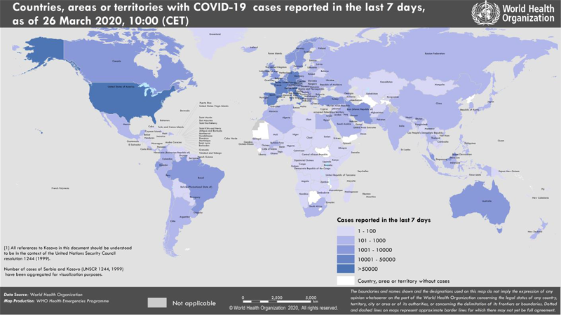 Распространение нового коронавируса Covid-19: страны и территории с подтверждёнными случаями на 26.03.2020