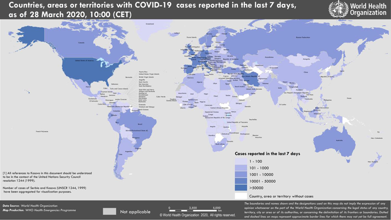 Распространение нового коронавируса Covid-19: страны и территории с подтверждёнными случаями на 28.03.2020