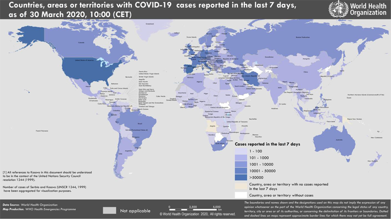 Распространение нового коронавируса Covid-19: страны и территории с подтверждёнными случаями на 30.03.2020