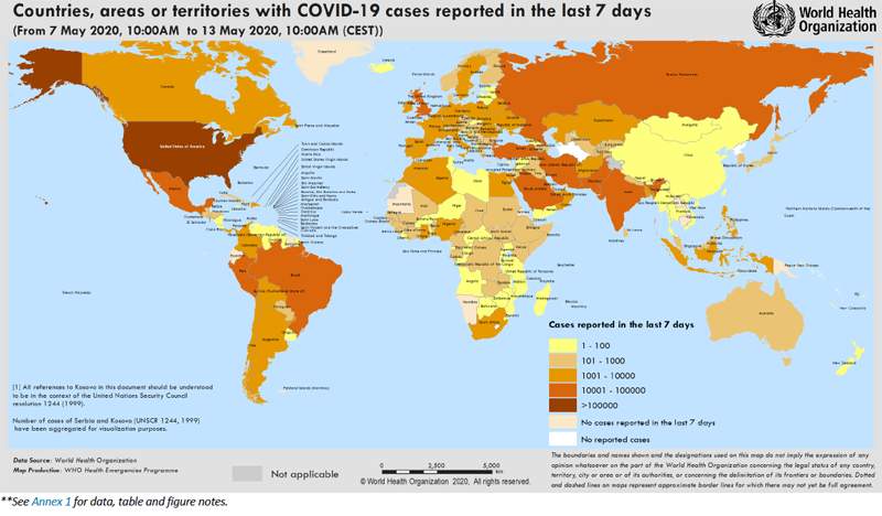 Распространение нового коронавируса Covid-19: страны и территории с подтверждёнными случаями на 13.05.2020